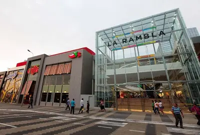 a large glass building with people walking in front of it at Amplio, cómodo y moderno apartamento cerca al Mall in Lima