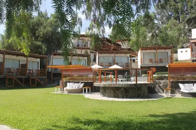 a resort with tables and chairs in a park at El Molino Hotel y Restaurant in Lunahuaná