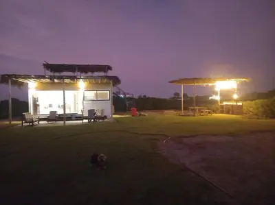 a house with a dog in the yard at night at The Pacific Cottage in Chincha Baja
