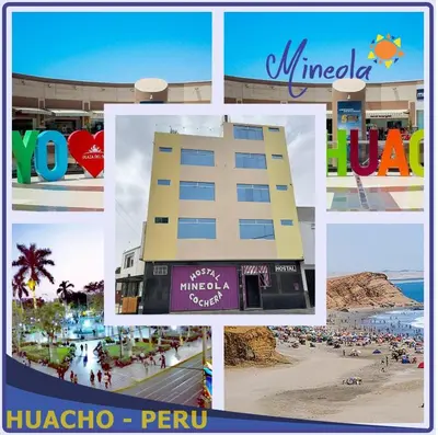 a collage of pictures of a hotel and a beach at Hostal Mineola Huacho in Santa María