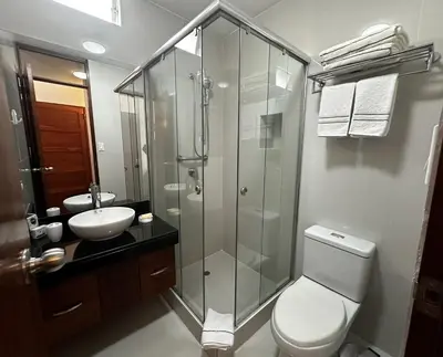 a bathroom with a shower and a toilet and a sink at San Isidro Olivar 2 bedroom Apartment in Lima