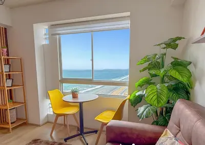 a living room with a table and a plant at Exclusivo con vista panorámica al mar - Ocean View in Lima