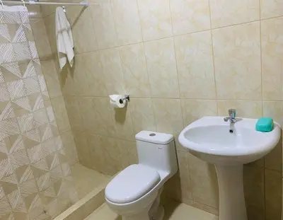 a bathroom with a white toilet and a sink at Habitación con baño propio para 2 personas como máximo in Lima