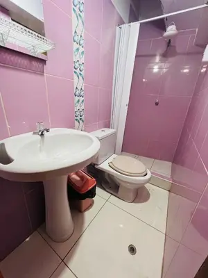 a pink bathroom with a sink and a toilet at Euro Hostal in Cusco