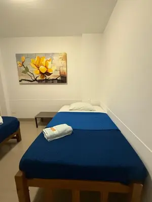 a bedroom with a blue bed with a painting on the wall at SG Paracas Hostel in Paracas