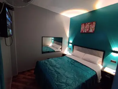 a bedroom with a bed and a mirror on the wall at Hostal El Pilar in Lima