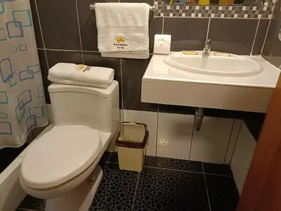 a bathroom with a toilet and a sink at PAKARINA HOTEL in Machu Picchu