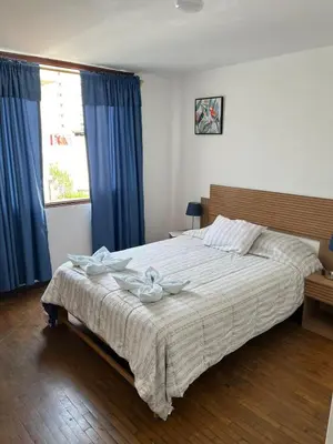 a bedroom with a large bed with blue curtains at Harmony Inn Miraflores in Lima