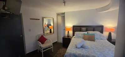 a bedroom with a bed with pillows and a chair at Ollanta Rooftop Adults only in Ica