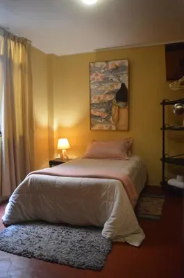 a bedroom with a bed and a picture of a cat at ROOM Lima House centro in Lima