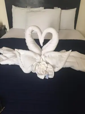 two swans are made to look like hearts on a bed at Hostel Las Vegas in Lima