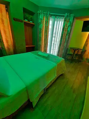 a bedroom with a green bed in a room at HOTEL LA BELLA Y EL LEON in Huánuco