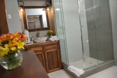 a bathroom with a shower and a vase of flowers on a counter at Palacio Manco Capac by Ananay Hotels in Cusco