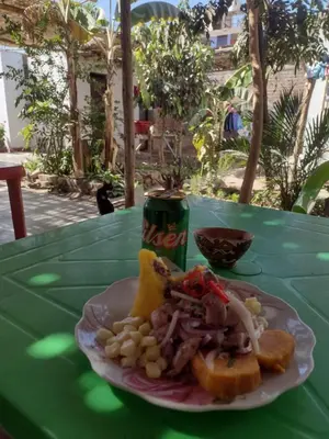a plate of food on a table with a drink at Nomads Club in Nazca