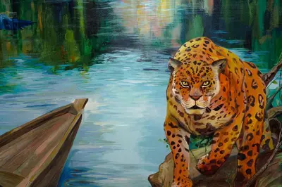 a painting of a jaguar walking next to a boat at Yaki Hostel in Lima