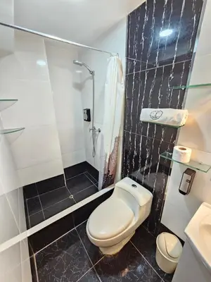 a bathroom with a toilet and a shower at EL FARO HOTEL in Chala