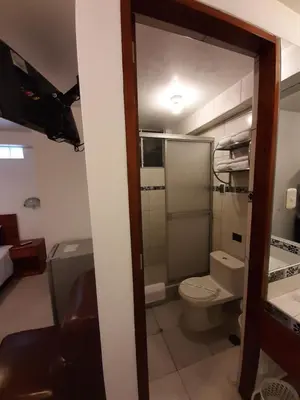 a small bathroom with a toilet and a shower at Flower's House MachuPicchu in Machu Picchu