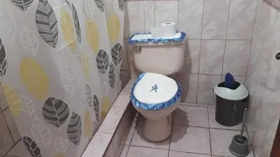 a small bathroom with a toilet with a blue lid at Hospedaje D'LEYDI in Lima