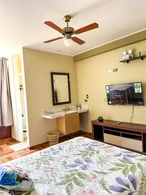 a bedroom with a bed and a ceiling fan at Viñedo Sotelo - Hospedaje y Glamping in San Juan Bautista