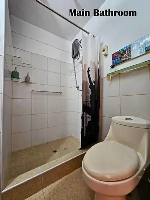 a bathroom with a toilet and a shower at Puma Wasi, céntrico, acogedor, bien iluminado in Cusco