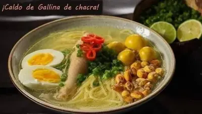 a bowl of ramen with eggs and beans and broccoli at Fundo Alma Andina in Jauja