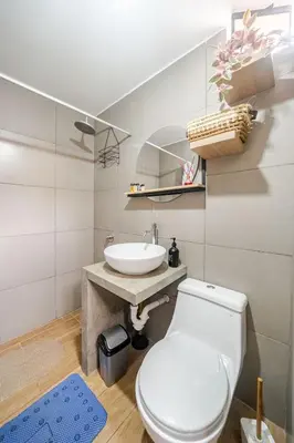 a bathroom with a white toilet and a sink at Acogedor Loft equipado con Sofá cama en Matellini in Lima