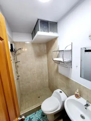 a bathroom with a shower and a toilet and a sink at Departamento familiar en Huacachina in Ica