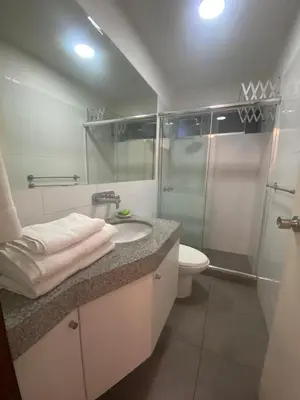 a bathroom with a sink and a shower and a toilet at Apartamento Temporal en Miraflores in Lima