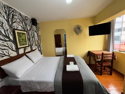 a hotel room with a bed and a television at La Posada del Rey - Lima Airport Hostel in Lima