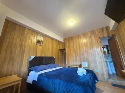 a bedroom with a blue bed and wooden walls at Hospedaje Oxa Paraíso in Oxapampa