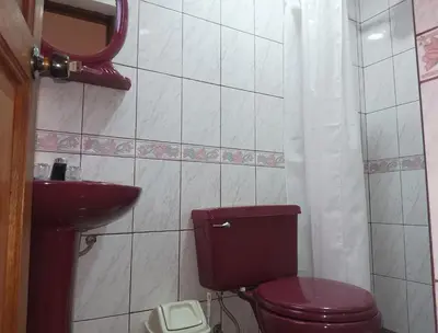 a bathroom with a red toilet and a sink at Hostel Tupac Yupanqui House in Cusco
