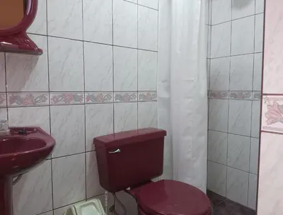 a bathroom with a purple toilet and a sink at Hostel Tupac Yupanqui House in Cusco