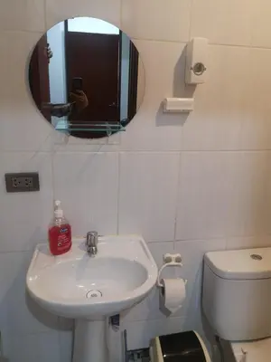 a bathroom with a sink and a mirror and a toilet at Encanta Perú Apartment in Cusco