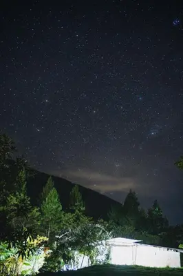 a starry night with trees and a white building at Lucmabamba Lodge in Santa Teresa