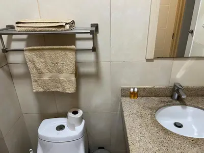 a bathroom with a toilet and a sink and a mirror at Departamento 17 personas San Isidro in Lima