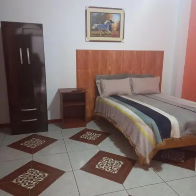 a bedroom with a bed with a wooden headboard at Hostal Luren in Nazca