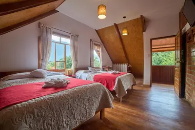 a hotel room with two beds and a window at Carolina Egg Gasthaus in Oxapampa