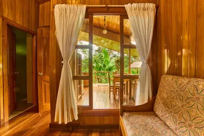 a room with a window and a couch in a room at Carolina Egg Gasthaus in Oxapampa