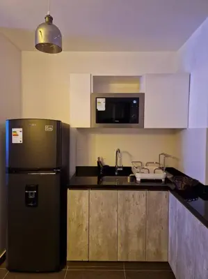 a kitchen with a black refrigerator and a sink at Barranco Aparment Luxury in Lima
