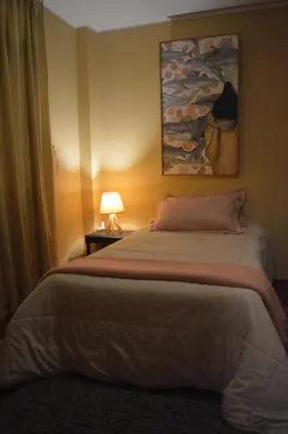 a bedroom with a bed with a lamp and a painting at Lima Guest Room House in Lima