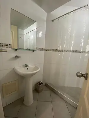 a white bathroom with a sink and a shower at The Point Miraflores, Lima in Lima