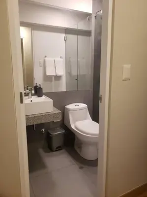 a bathroom with a toilet and a sink and a mirror at Central, petfriendly family apartment in Lima