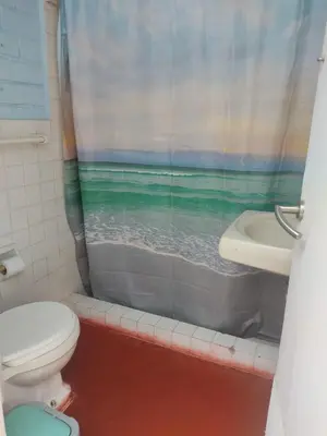 a bathroom with a shower and a toilet and a sink at Beach House SantaElena in Pisco
