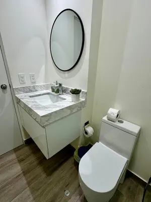 a bathroom with a white toilet and a mirror at Cozy Apartment in Barranco! in Lima