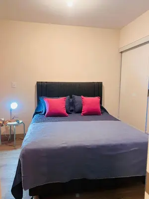 a bedroom with a large bed with pink and blue pillows at MONTERRICO POLO APARTS #13 - DPTO 2 dorm - Frente Embajada USA in Lima