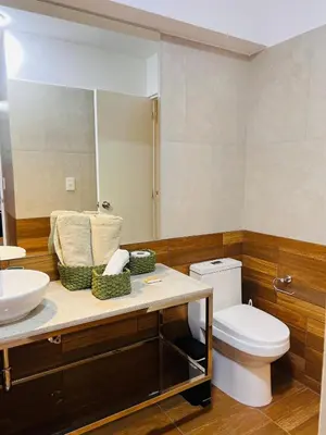 a bathroom with a toilet and a sink and a mirror at MONTERRICO POLO APARTS #13 - DPTO 2 dorm - Frente Embajada USA in Lima