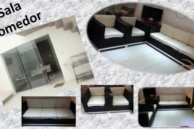 a collage of four pictures of a living room at Departamento en playa Chocaya. Disfruta del mar, la piscina y la tranquilidad. in Asia