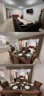 two pictures of a living room with a table and chairs at Vicencio in Ayacucho