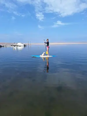 a person on a paddle board in the water at Relájate en piscina-spa, terraza BBQ y AC Paracas in Paracas