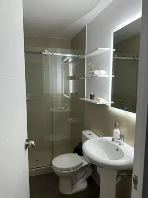 a bathroom with a toilet and a sink and a mirror at Apartamento 3 habitaciones, Santa Beatriz - Perú in Lima
